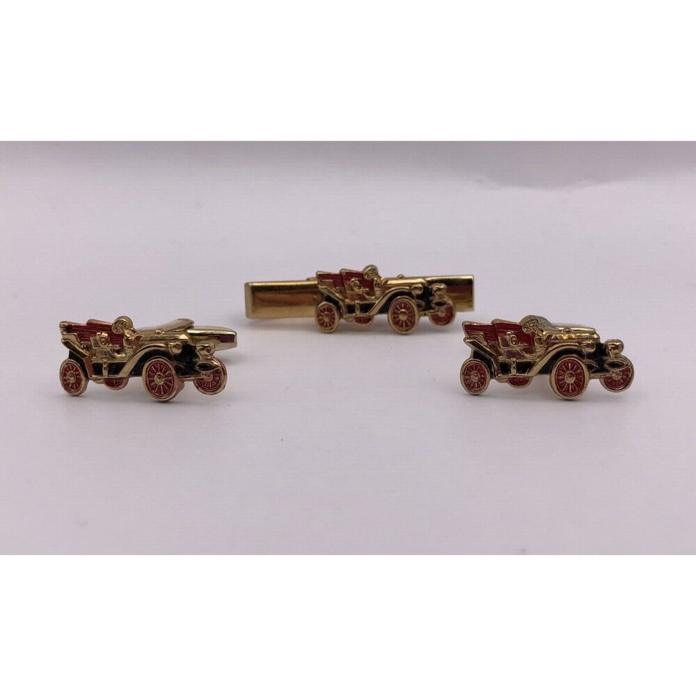 VINTAGE Foster Antique Car Model T Gold Tone Cufflinks Tie Clip Set